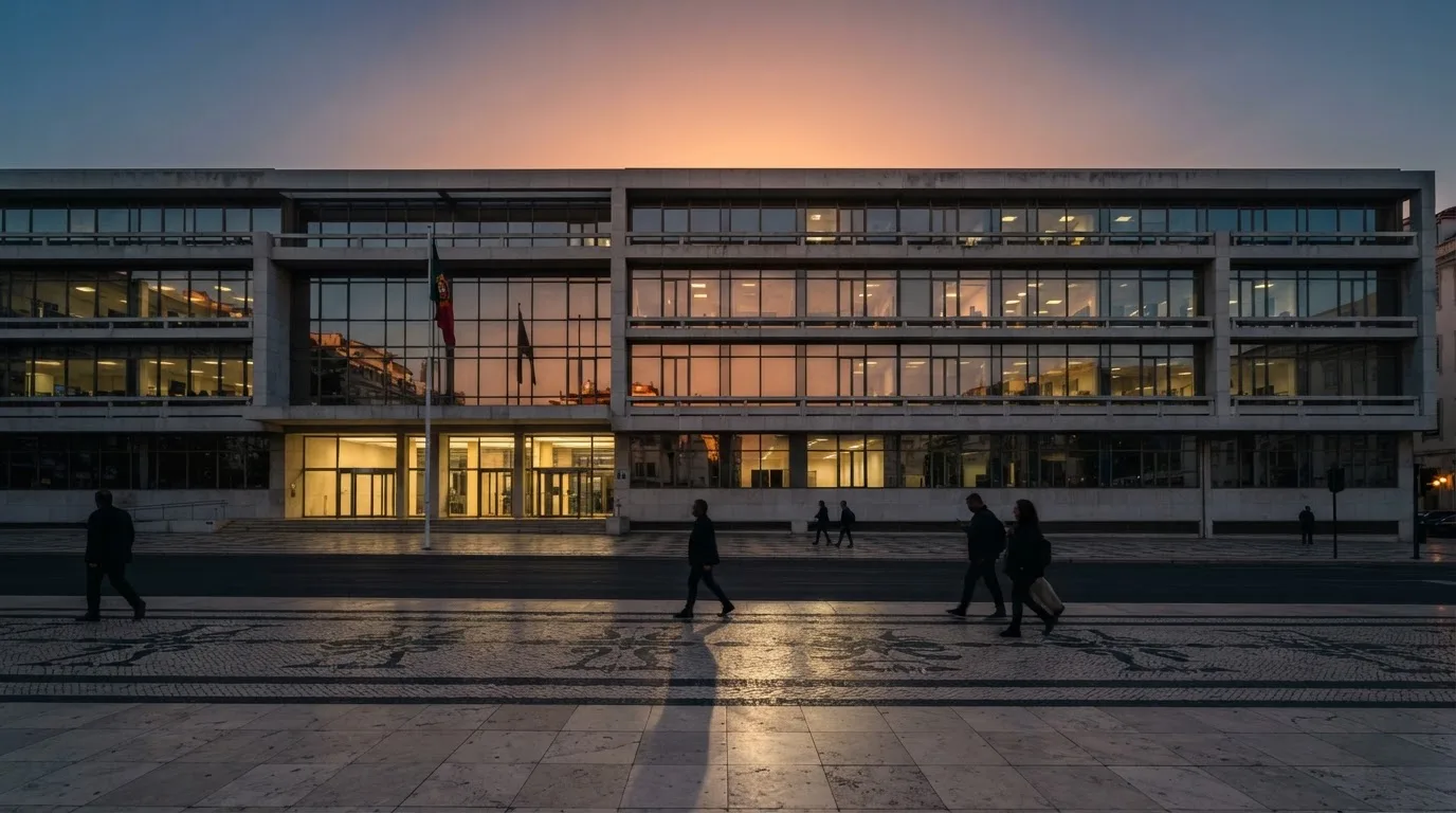 Fachada de um edifício administrativo moderno em Lisboa ao entardecer, com janelas amplas, calçada portuguesa e algumas pessoas a passar.