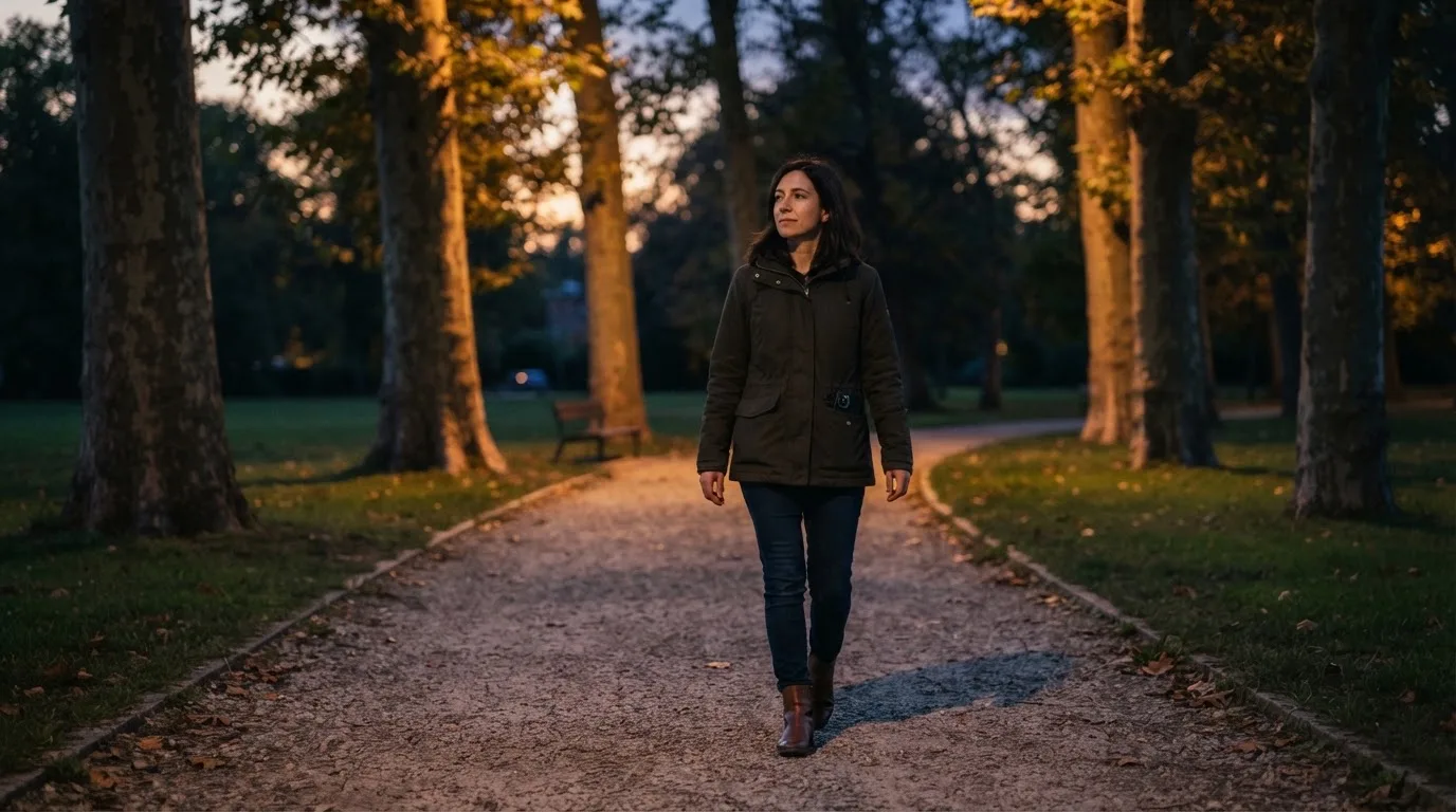 Mulher a caminhar sozinha num parque ao fim da tarde, com árvores e relva, expressão tranquila e telemóvel guardado no bolso.