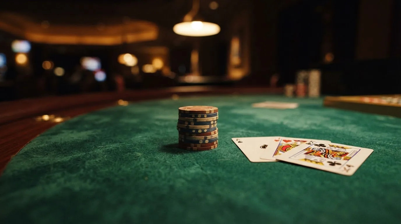 Mesa de casino físico com fichas empilhadas e cartas de baralho espalhadas sobre o feltro verde, iluminação baixa e elegante.