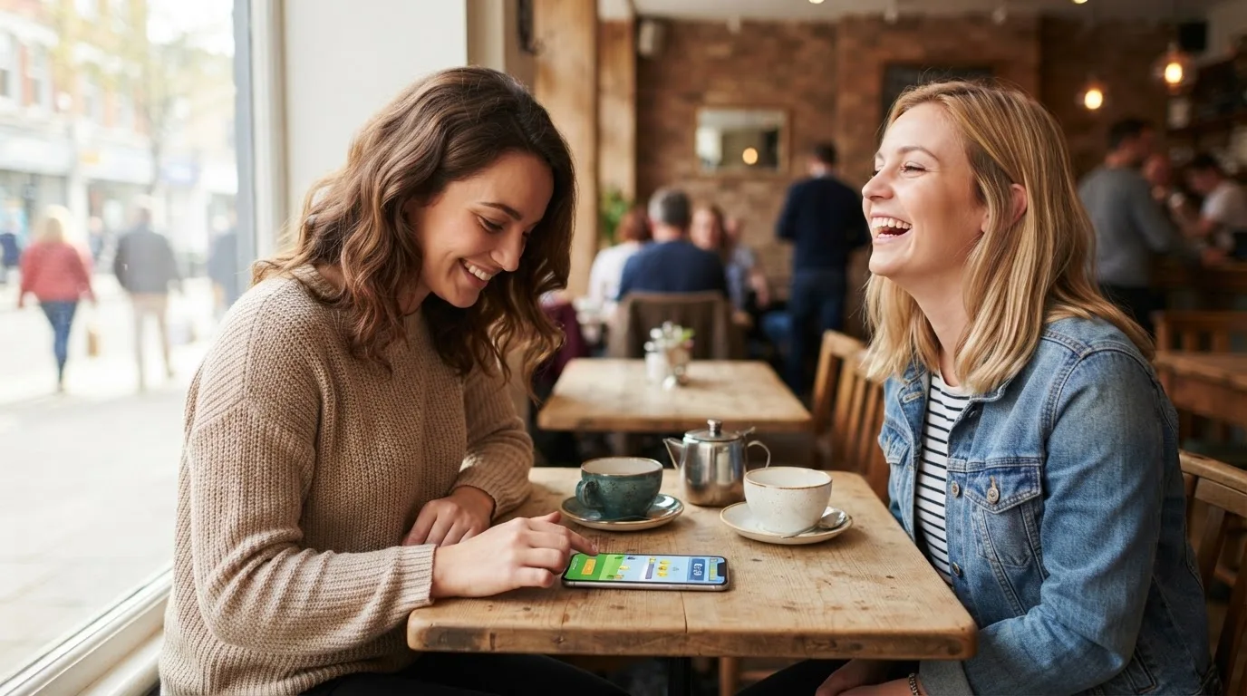 Duas pessoas jovens a rir à mesa de um café, uma delas a olhar para o telemóvel, com chávenas e luz do dia.