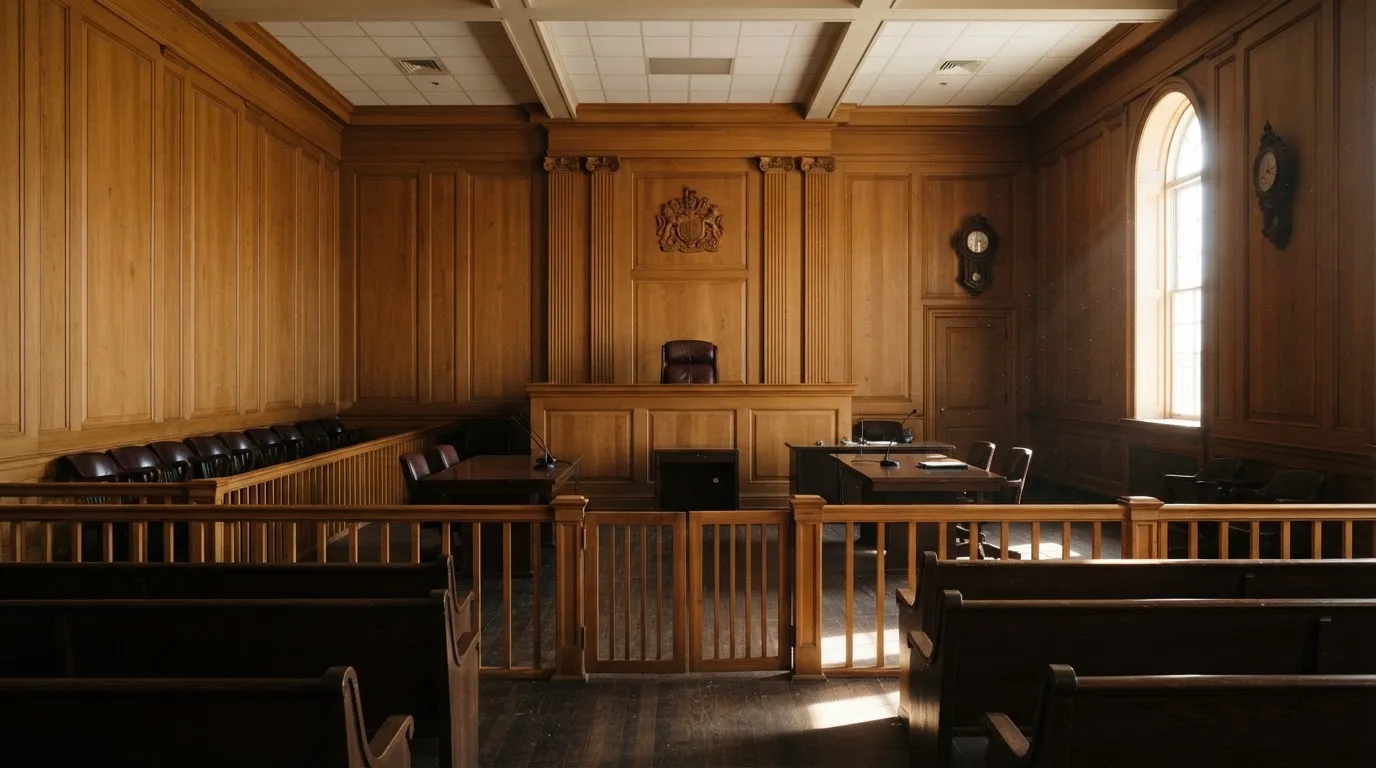 Sala de tribunal vazia com painéis de madeira, à luz da manhã — casinos com bônus em portugal