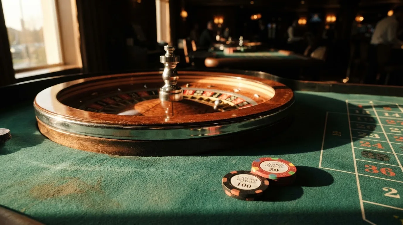 Roda de roleta e fichas sobre feltro verde, sob uma luz quente de fim de tarde — casinos com bônus em portugal