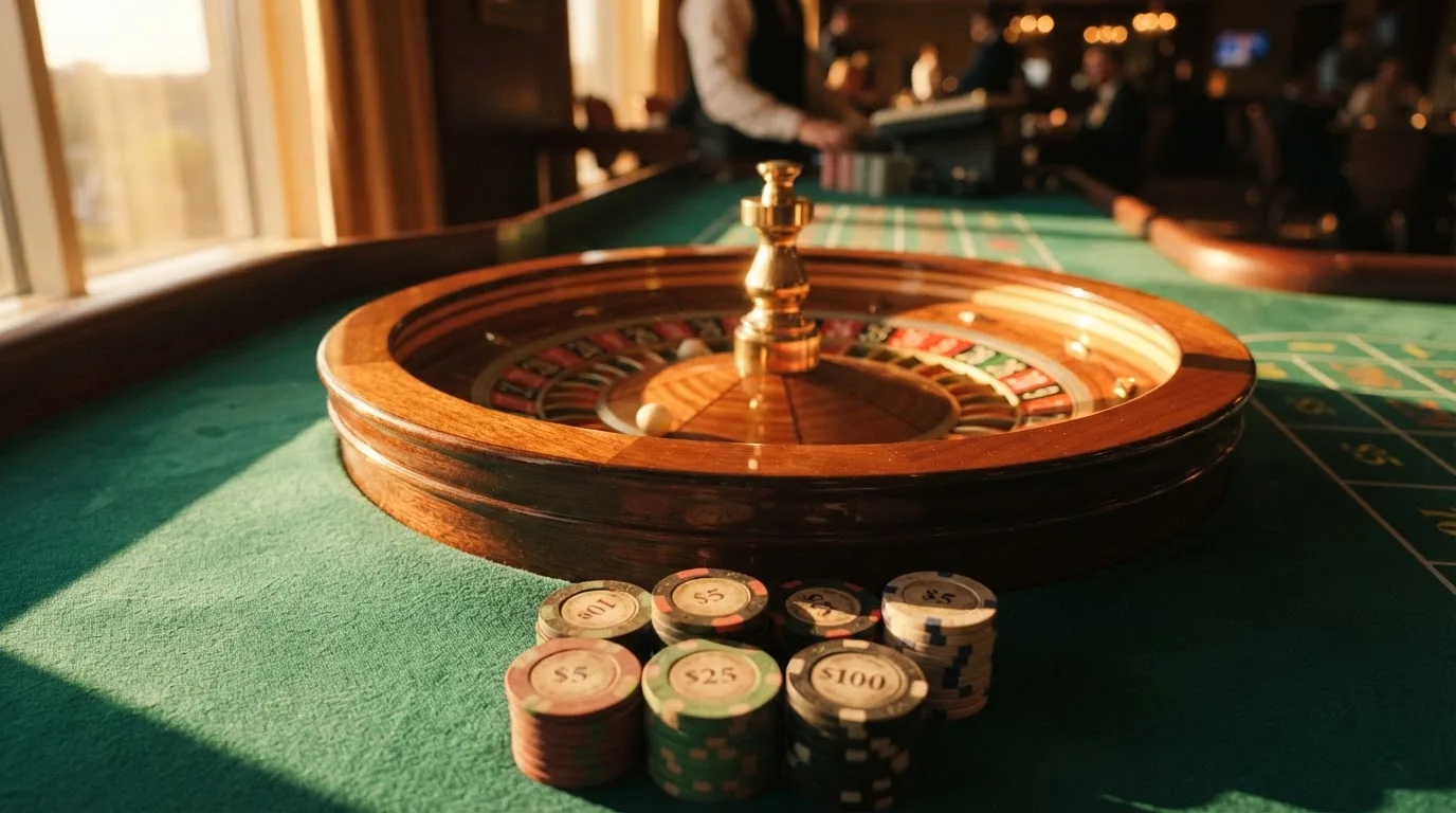 Roda de roleta e fichas sobre feltro verde, sob uma luz quente de fim de tarde — casinos com depósito mínimo pt