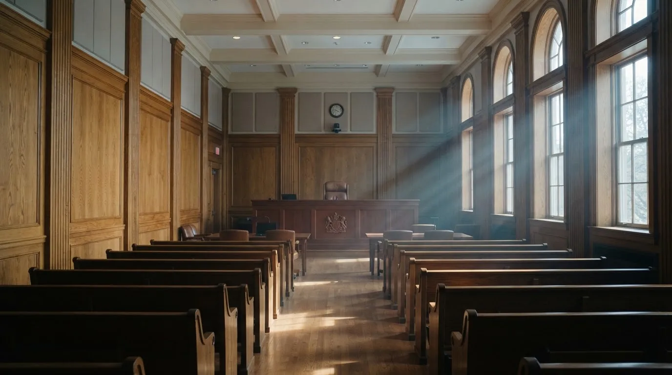 Sala de tribunal vazia com painéis de madeira, à luz da manhã — casinos com google pay em portugal