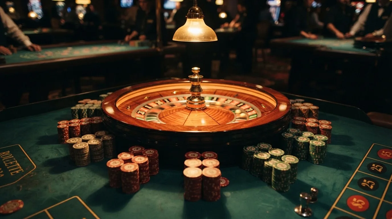 Roda de roleta e fichas sobre feltro verde, sob uma luz quente de fim de tarde — casinos com google pay em portugal