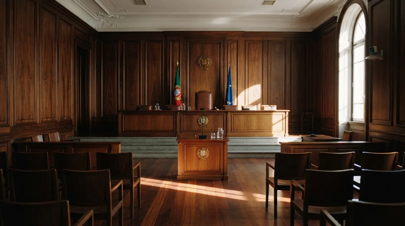 Sala de tribunal vazia com painéis de madeira, à luz da manhã — casinos com maestro em portugal