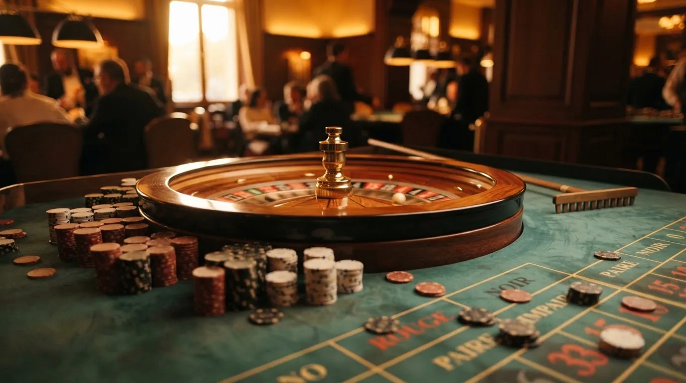Roda de roleta e fichas sobre feltro verde, sob uma luz quente de fim de tarde — casinos com maestro em portugal