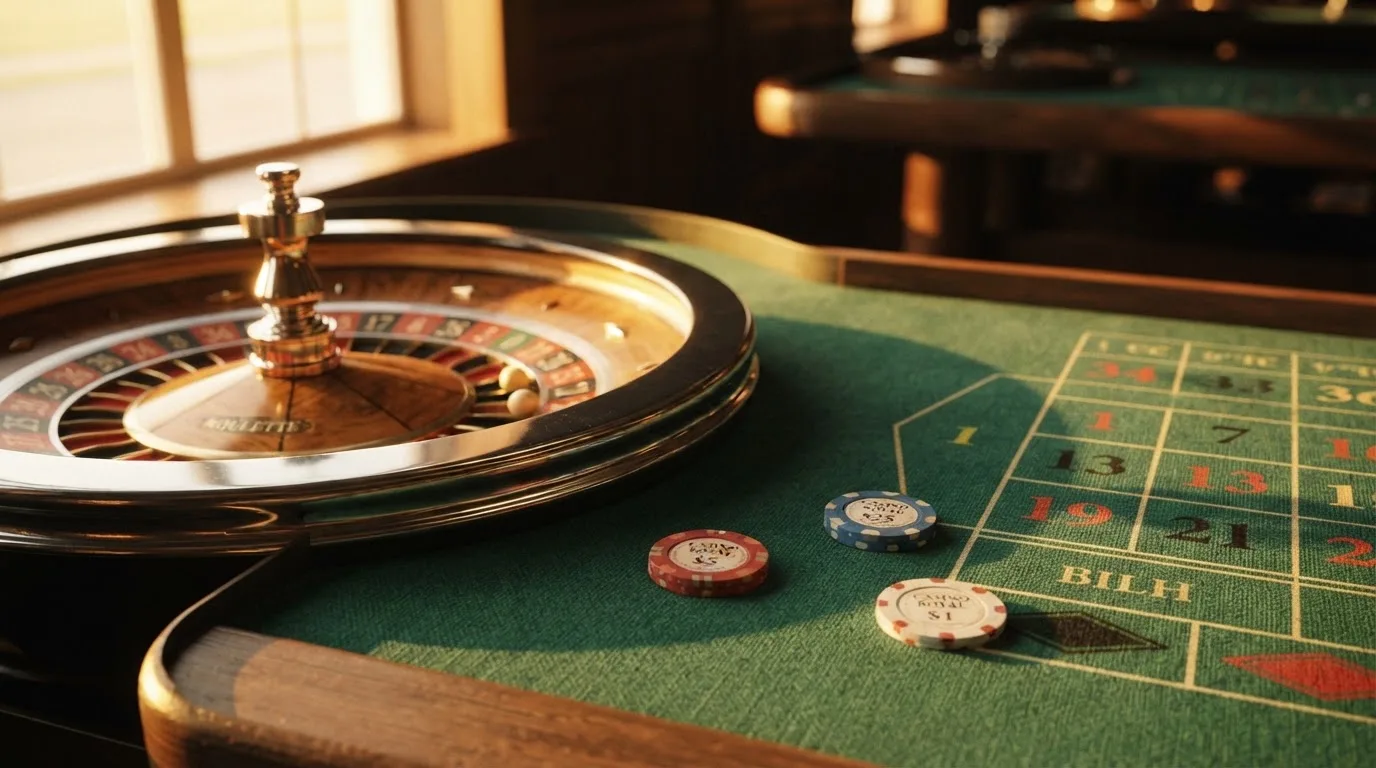 Roda de roleta e fichas sobre feltro verde, sob uma luz quente de fim de tarde — casinos com mastercard em portugal