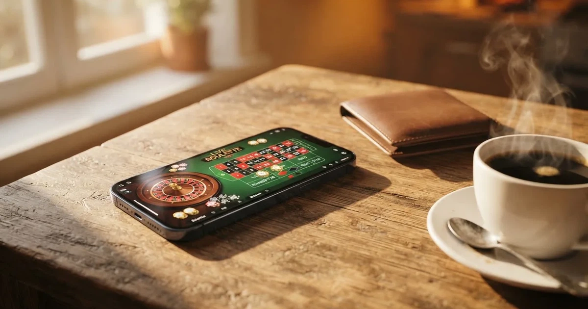 Telemóvel numa mesa de madeira ao lado de uma carteira e de uma chávena de café — casinos com mastercard em portugal
