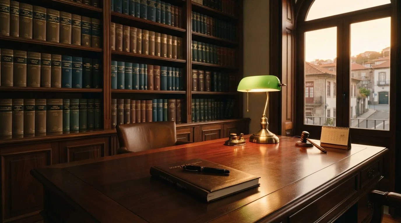 Escritório de advocacia com secretária de madeira, candeeiro de leitura e estantes de livros, sem pessoas, luz tranquila de fim de tarde.