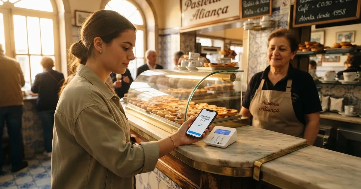 Cliente numa pastelaria portuguesa a pagar com o telemóvel num terminal discreto, balcão de vidro com pastéis desfocados ao fundo.