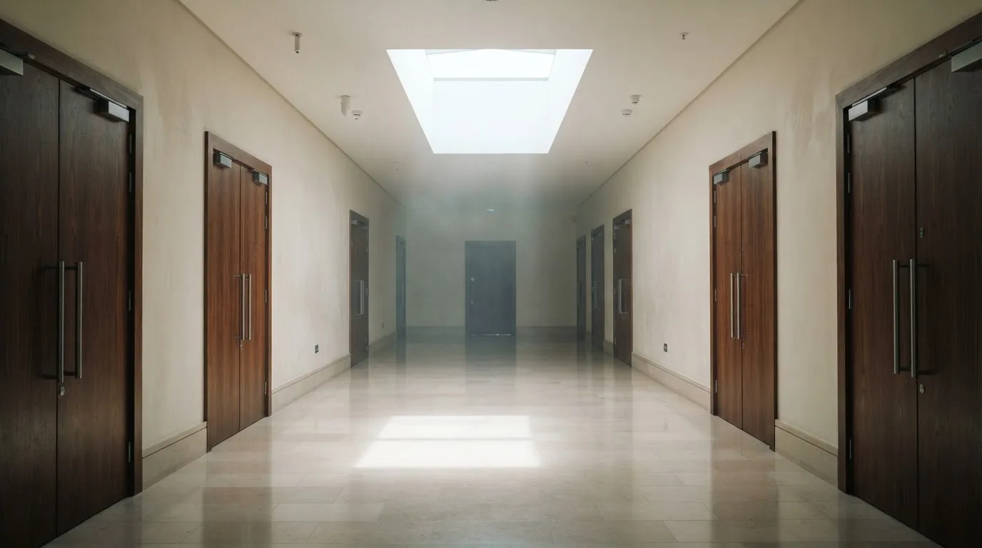 Corredor de um tribunal moderno com portas de madeira e pavimento polido, sem pessoas, luz natural vinda de uma claraboia.