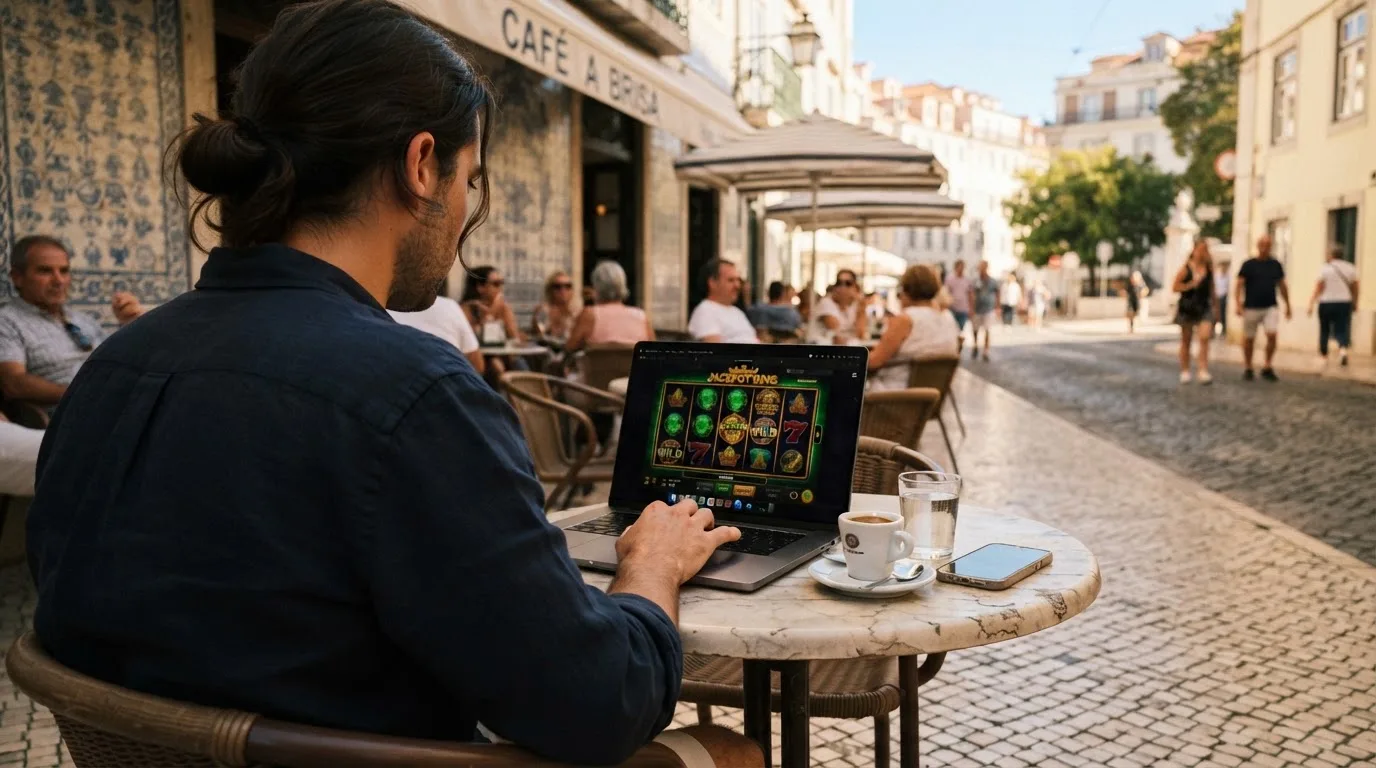 Portátil sobre a mesa de um café com esplanada, chávena de bica ao lado, pessoa a escrever e luz do início da tarde.