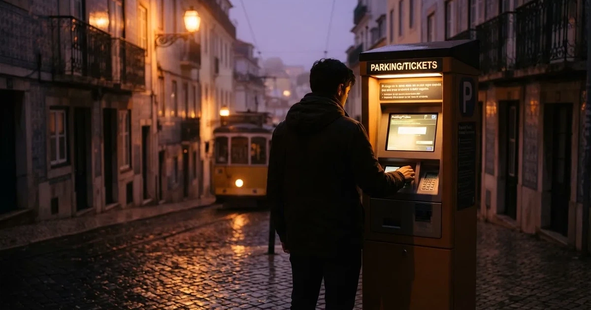 Pessoa de costas a usar um terminal bancário de rua ao anoitecer, com reflexos de candeeiros na calçada molhada.