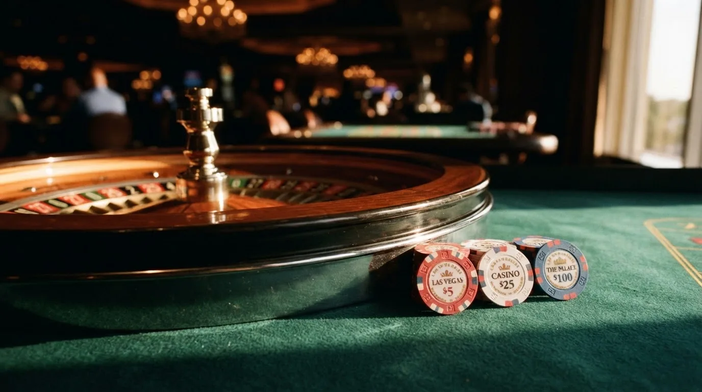 Roda de roleta e fichas sobre feltro verde, sob uma luz quente de fim de tarde — casinos com neteller em portugal