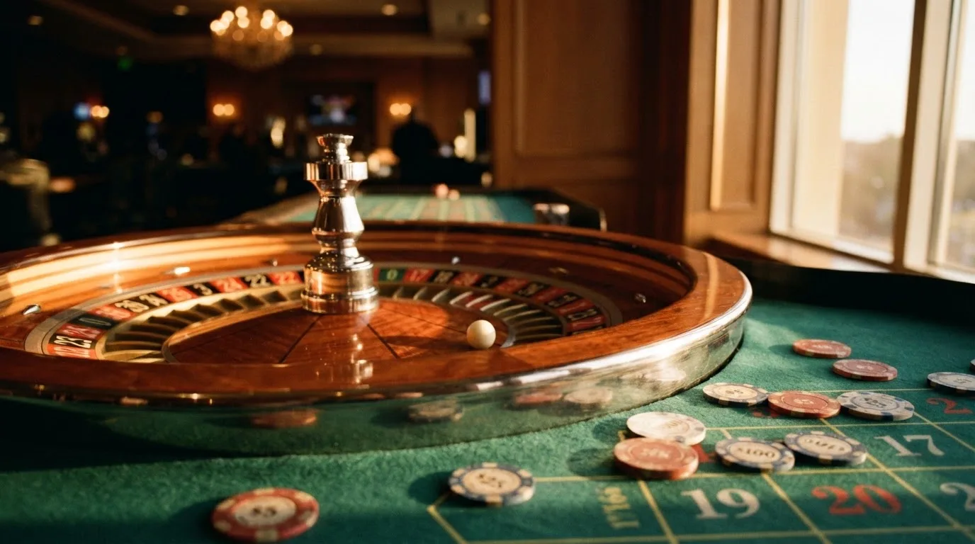 Roda de roleta e fichas sobre feltro verde, sob uma luz quente de fim de tarde — casinos com paypal em portugal