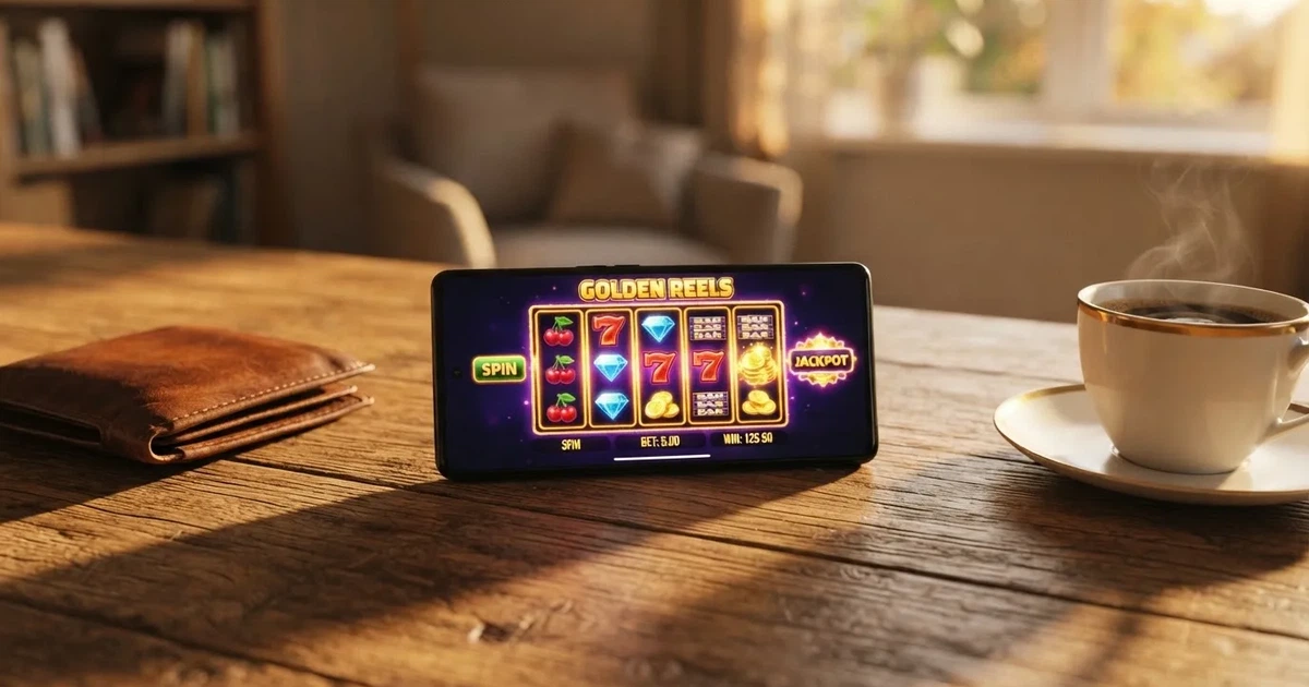 Telemóvel numa mesa de madeira ao lado de uma carteira e de uma chávena de café — casinos com paypal em portugal