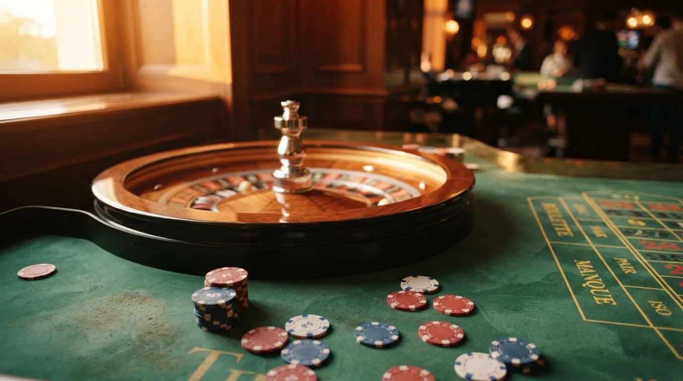 Roda de roleta e fichas sobre feltro verde, sob uma luz quente de fim de tarde — casinos com paysafecard em portugal