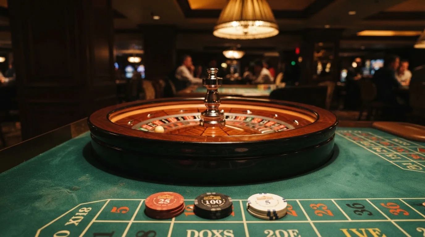Roda de roleta e fichas sobre feltro verde, sob uma luz quente de fim de tarde — casinos com payu em portugal