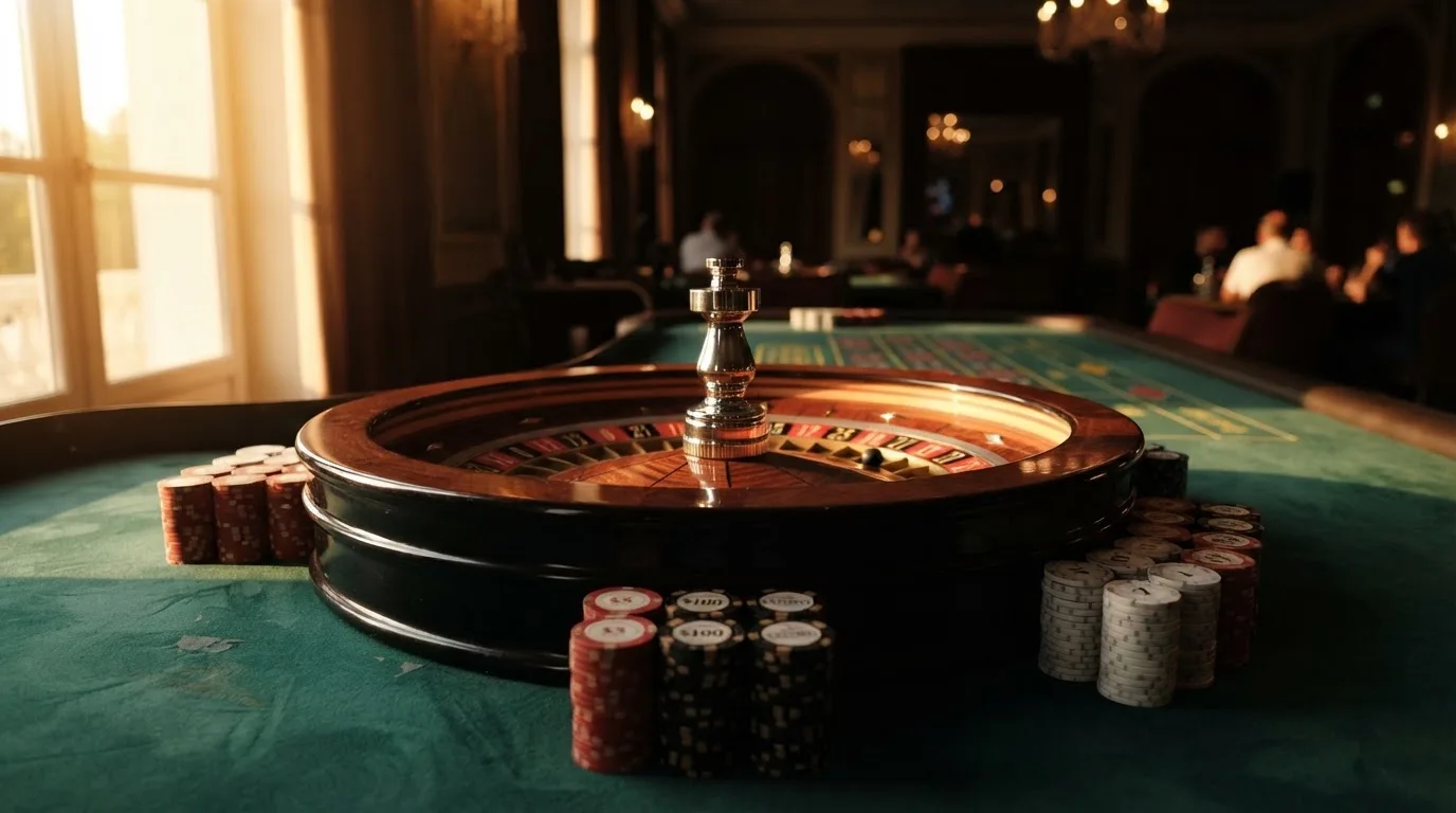 Roda de roleta e fichas sobre feltro verde, sob uma luz quente de fim de tarde — casinos com rodadas em portugal