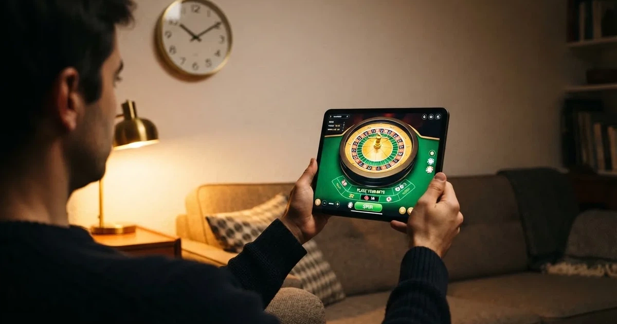 Pessoa num sofá a olhar pensativa para um tablet, com um relógio na parede atrás — casinos com rodadas em portugal