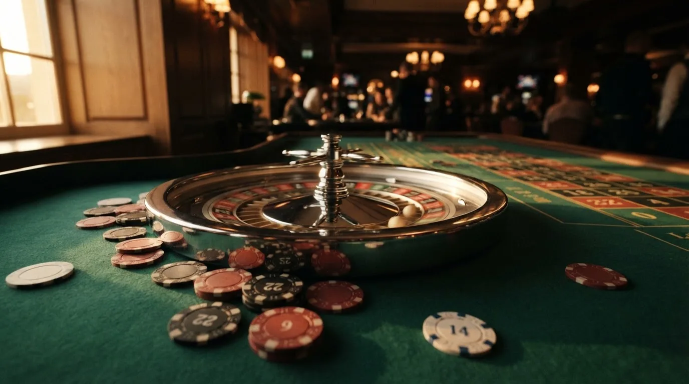 Roda de roleta e fichas sobre feltro verde, sob uma luz quente de fim de tarde — casinos com skrill em portugal