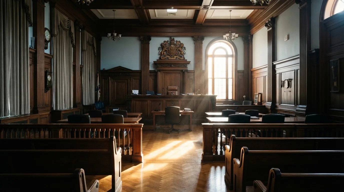 Sala de tribunal vazia com painéis de madeira, à luz da manhã — casinos com transferência bancária pt