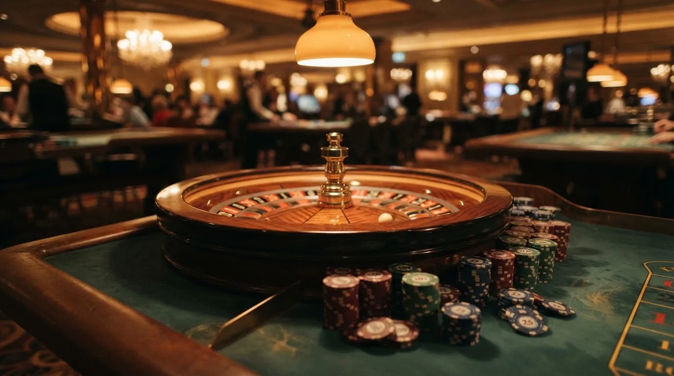 Roda de roleta e fichas sobre feltro verde, sob uma luz quente de fim de tarde — casinos com transferência bancária pt
