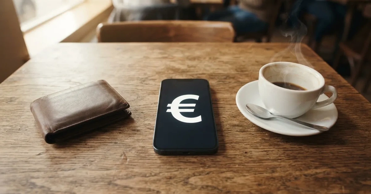 Telemóvel numa mesa de madeira ao lado de uma carteira e de uma chávena de café — casinos com transferência bancária pt