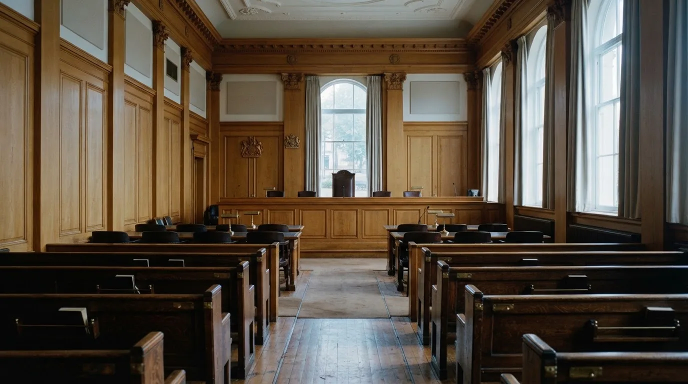 Sala de tribunal vazia com painéis de madeira, à luz da manhã — casinos com visa em portugal