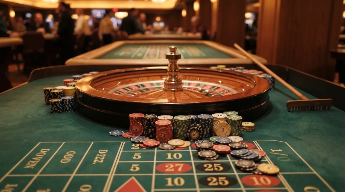 Roda de roleta e fichas sobre feltro verde, sob uma luz quente de fim de tarde — casinos com visa em portugal