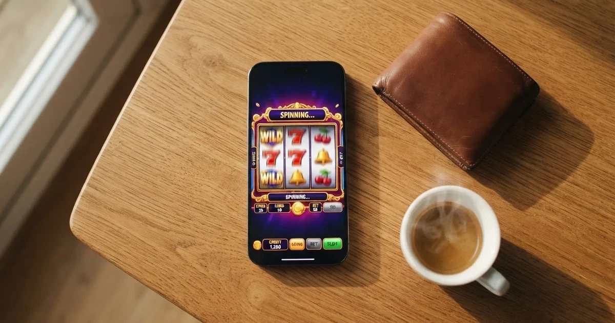Telemóvel numa mesa de madeira ao lado de uma carteira e de uma chávena de café — casinos com visa em portugal