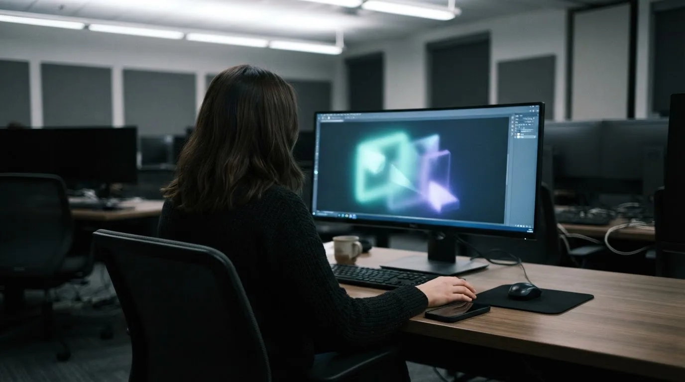 Mulher numa sala de computadores a observar um monitor com formas luminosas abstratas, ambiente de escritório moderno.