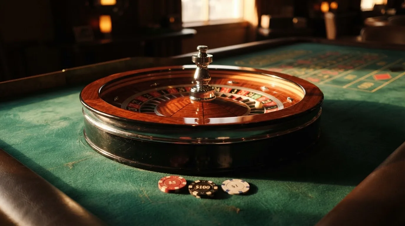 Roda de roleta e fichas sobre feltro verde, sob uma luz quente de fim de tarde — casinos grátis em portugal