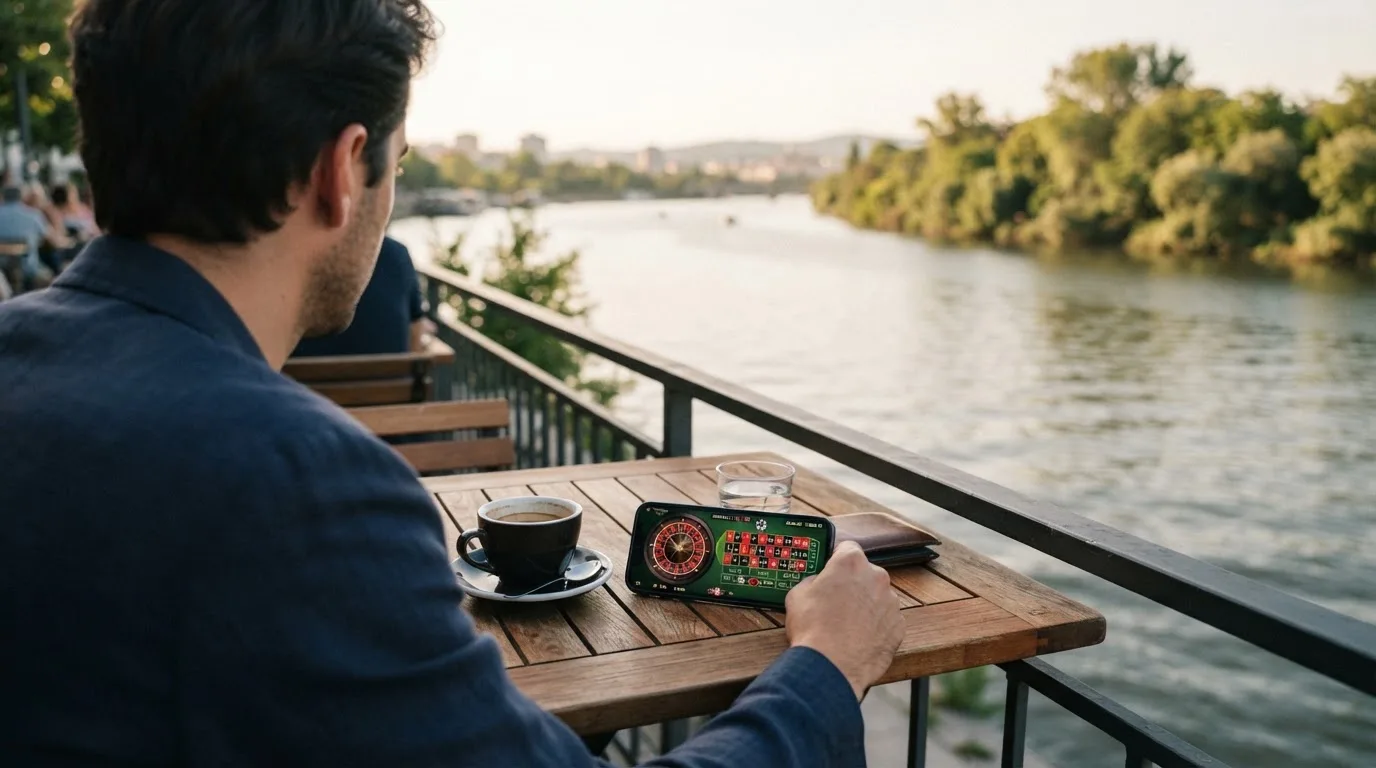 Pessoa a jogar no telemóvel numa esplanada, com um café pousado na mesa e o rio ao fundo, sob sol suave.