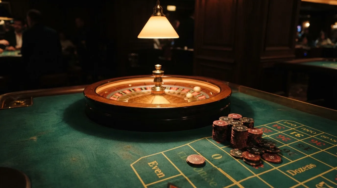 Roda de roleta e fichas sobre feltro verde, sob uma luz quente de fim de tarde — casinos online com depósito pt