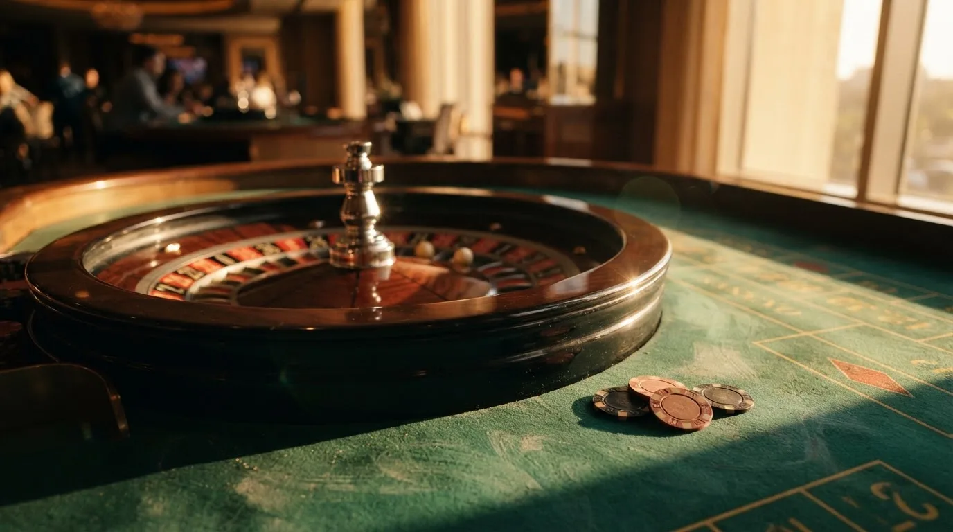Roda de roleta e fichas sobre feltro verde, sob uma luz quente de fim de tarde — casinos online grátis em portugal