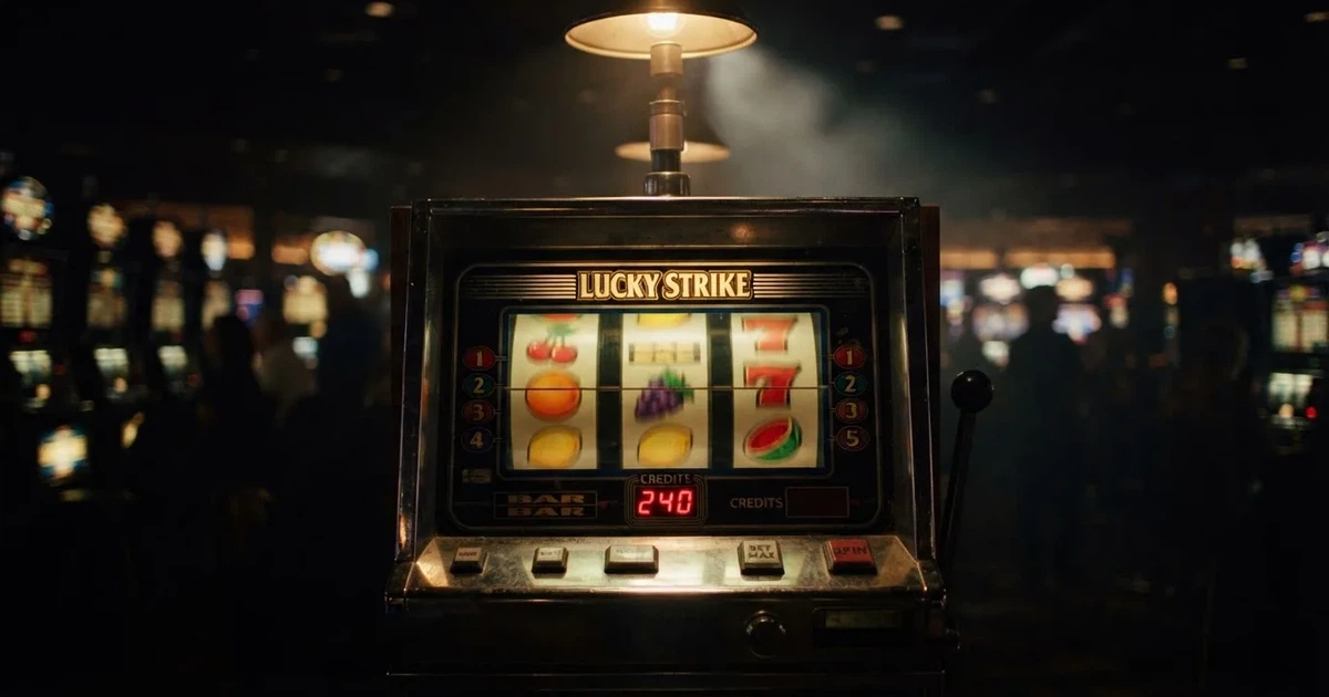 Rolos luminosos de uma slot machine numa sala escura, em grande plano — casinos online grátis em portugal