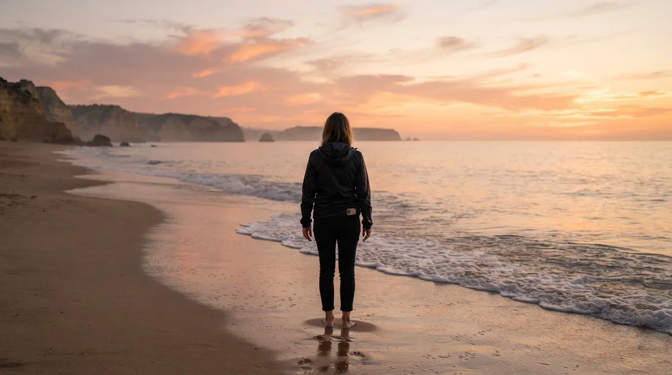 Pessoa de costas a olhar o mar numa praia do Algarve ao fim da tarde, com ar sereno e telemóvel guardado no bolso.