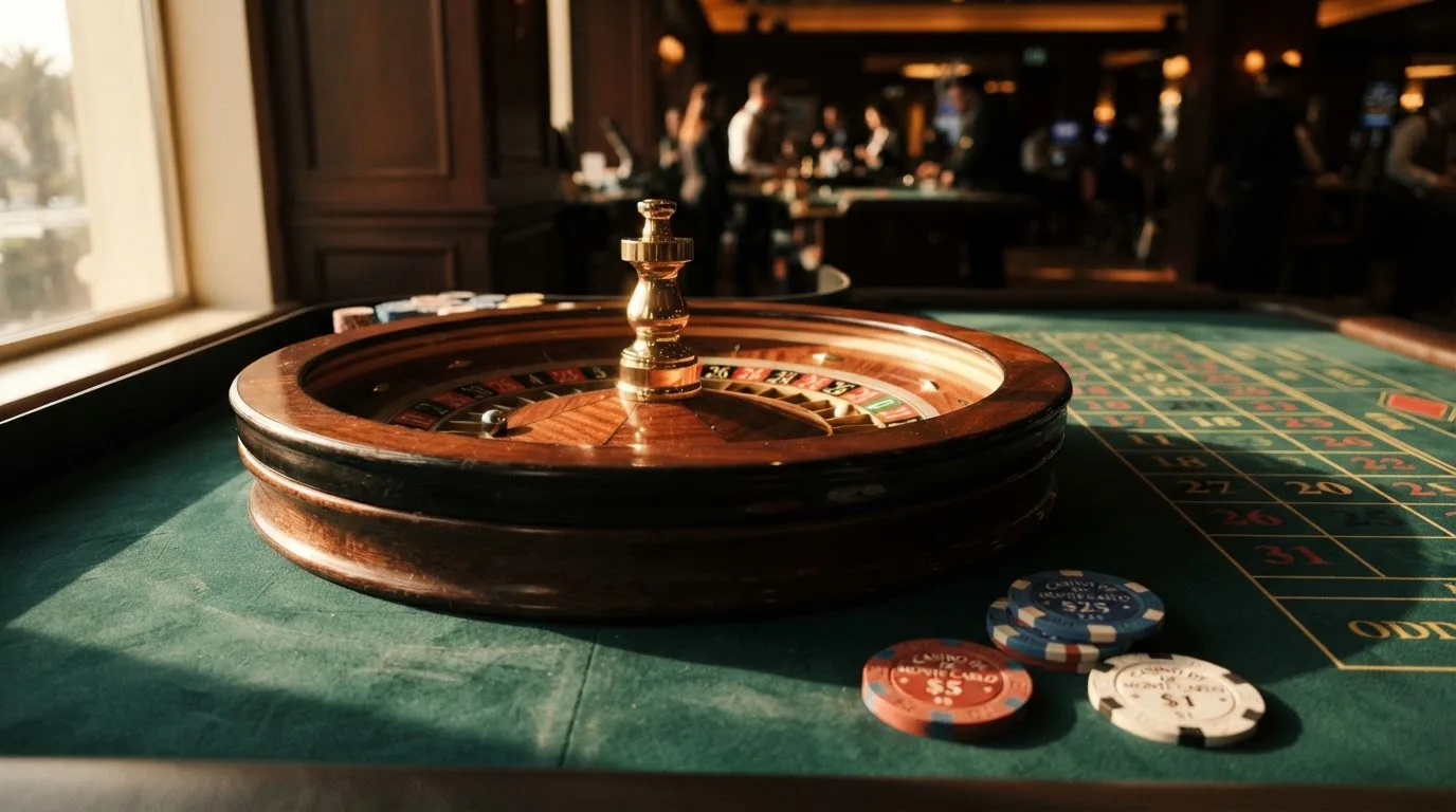 Roda de roleta e fichas sobre feltro verde, sob uma luz quente de fim de tarde — casinos online sem depósito pt