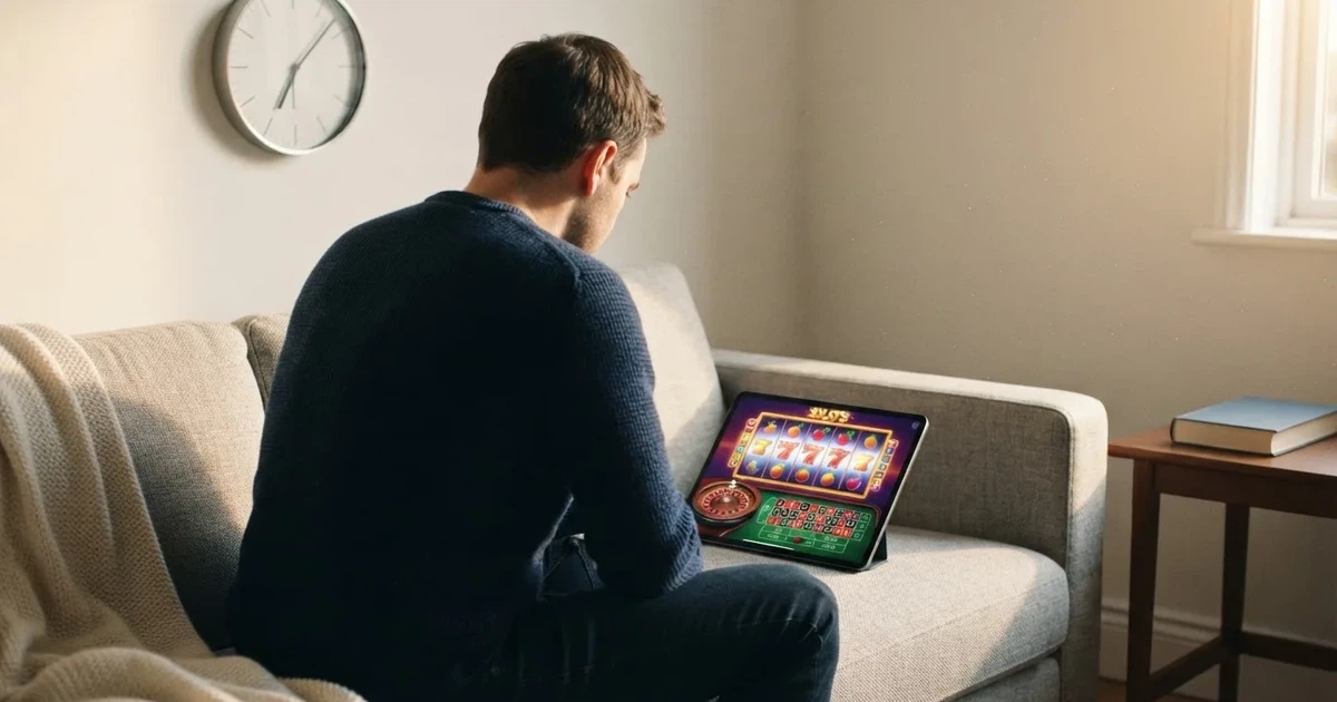 Pessoa num sofá a olhar pensativa para um tablet, com um relógio na parede atrás — casinos online sem depósito pt