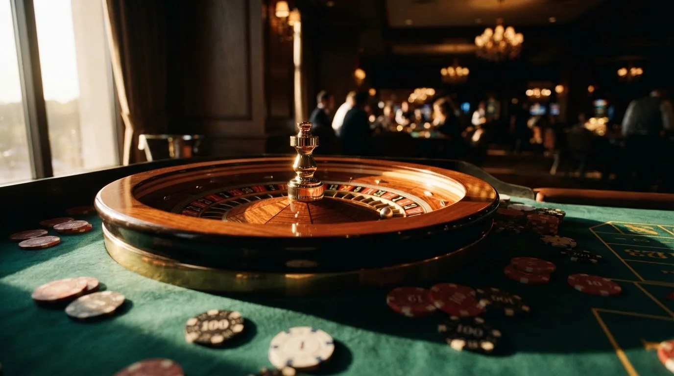 Roda de roleta e fichas sobre feltro verde, sob uma luz quente de fim de tarde — casinos para ganhar dinheiro pt