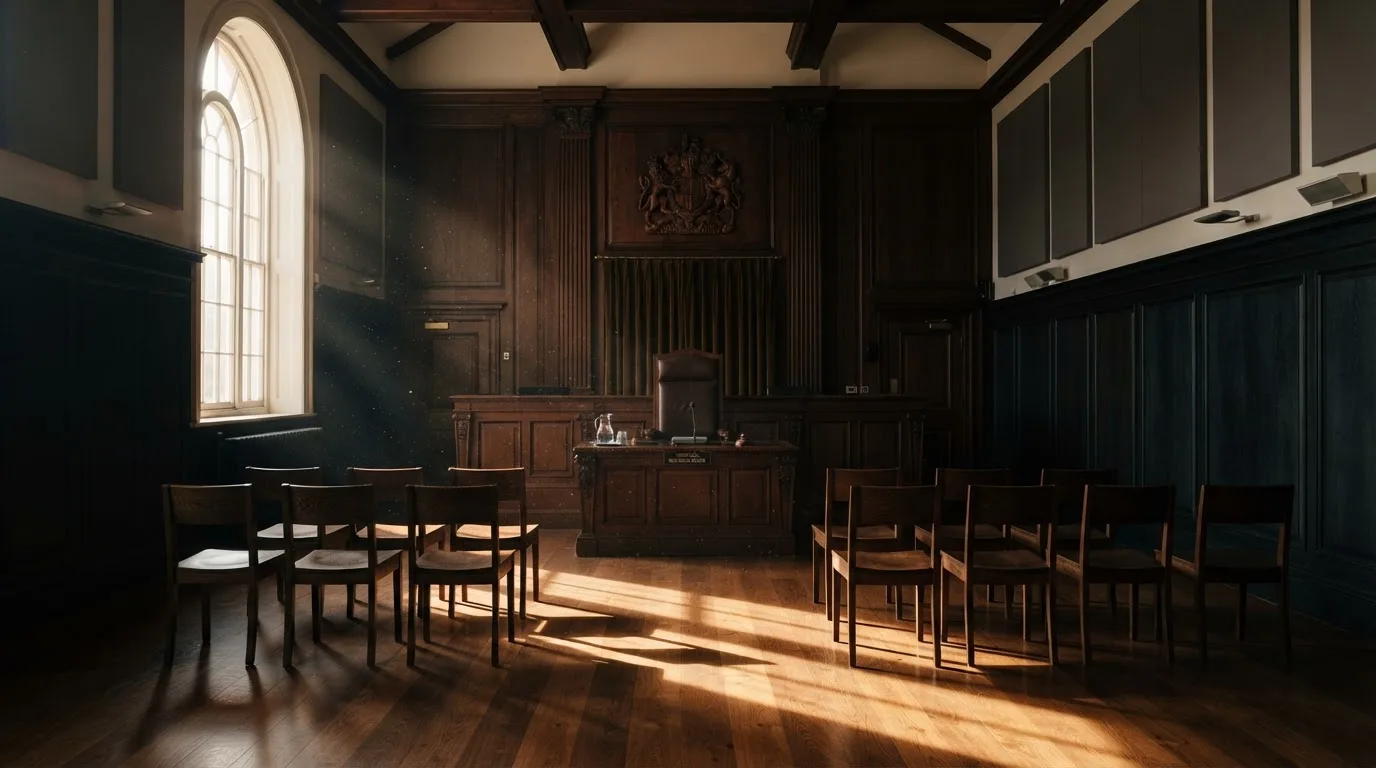 Sala de tribunal vazia com painéis de madeira, à luz da manhã — cassino com bônus em portugal