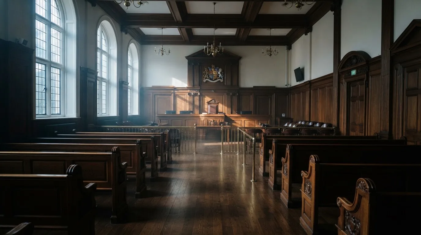 Sala de tribunal vazia com painéis de madeira, à luz da manhã — cassino com depósito em portugal
