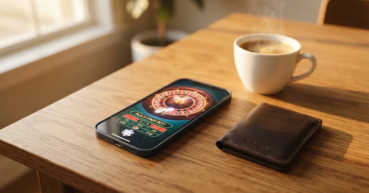 Telemóvel numa mesa de madeira ao lado de uma carteira e de uma chávena de café — cassino com depósito em portugal