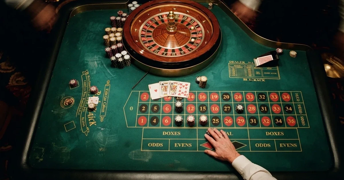 Mesa de jogo iluminada com cartas, vista de cima — cassino com roleta em portugal