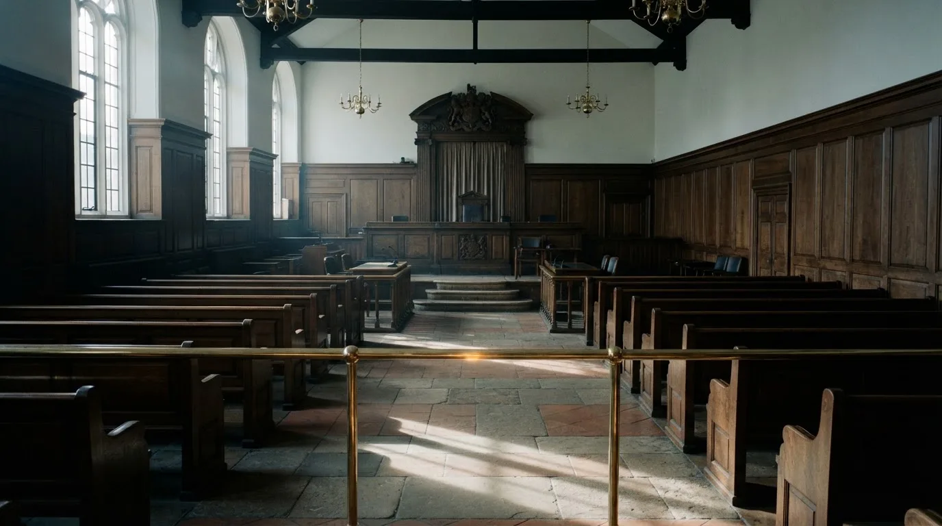 Sala de tribunal vazia com painéis de madeira, à luz da manhã — cassino grátis em portugal