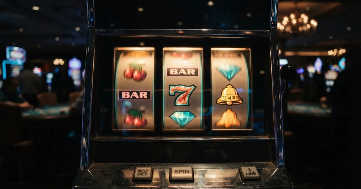 Rolos luminosos de uma slot machine numa sala escura, em grande plano — cassino grátis em portugal