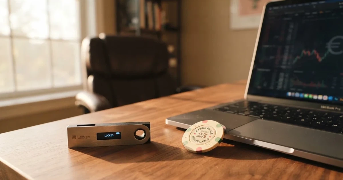 Carteira de hardware e computador portátil numa secretária, com luz suave — cassino sem verificação em portugal