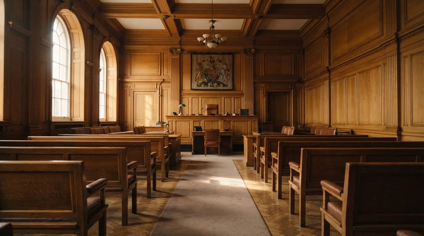 Sala de tribunal vazia com painéis de madeira, à luz da manhã — cassinos com bitcoin em portugal